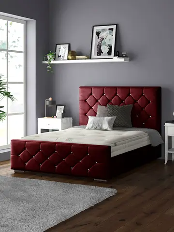 Grid pattern red velvet full size bed frame
