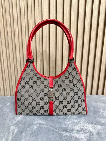 Pre-owned Gucci Jackie style Monogram Canvas Shoulder Bag with Red Leather Trim