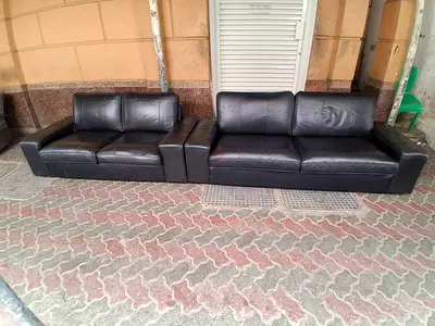 Black Leather 3+2 Seater Sofa Set with Center Console