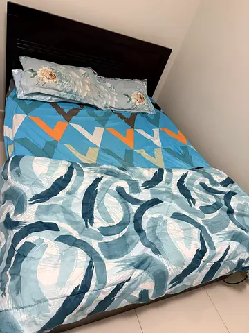 Queen Size Bed Frame with Mattress and Bedding Set (Dark Wood Headboard)