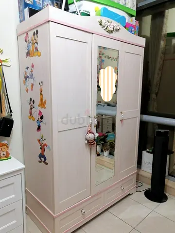 Pink 3-Door Baby Wardrobe with Mirror (Good Condition)
