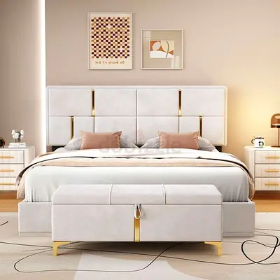 Modern Upholstered King Bed with Cushioned Headboard