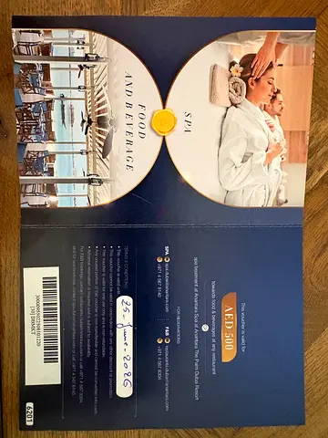 AED 500 Spa, Food  Beverage Voucher for Anantara The Palm Dubai Resort