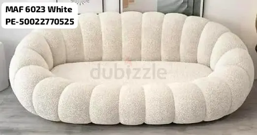 Curved Plush Bouclé Sofa - White, Cozy Low-Seat Lounge