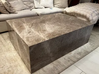 Large Rectangular grey beige Marble Coffee Table — Solid Block Design