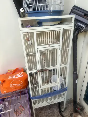 Large metal bird cage with stand and accessories