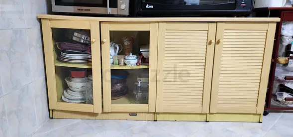 Low Wooden Kitchen Cabinet with Glass Doors - Light Beige, Good Condition