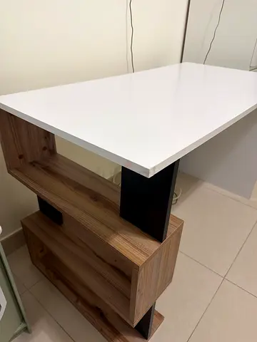 Modern white top side table with wood base (good condition) - minimal usage