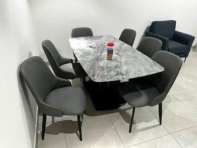 6-Seater Dining Table Set with Marble-Effect Top and Grey Chairs