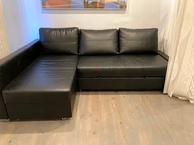 Black L-shaped Leather Sofa with Storage/Bed Function