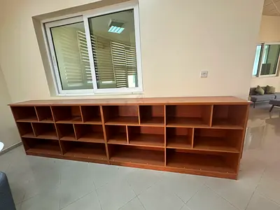 Long Wooden Bookcase / Storage Unit - Brown, Multiple Compartments