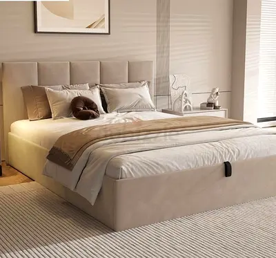 Beige Upholstered King Size Bed with Padded Headboard