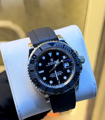 Rolex Yacht-Master Style Mens Master Copy Watch with Black Dial and Rubber Strap