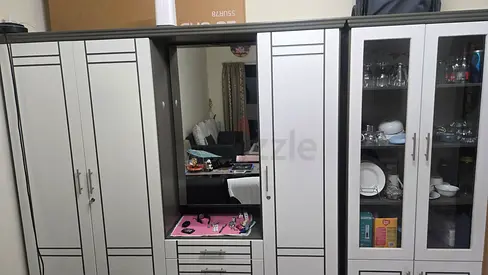 Large White  Grey Wooden Wardrobe with Display Cabinets and Mirror . Book shelf as well.