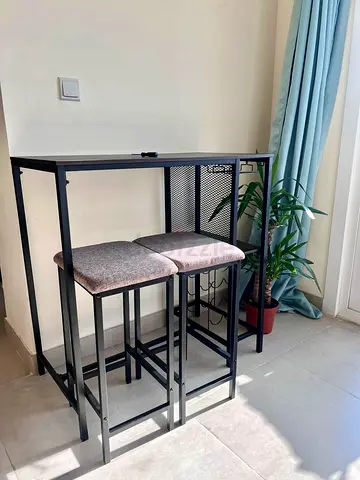 Compact Bar Table with Two Stools - Black Metal Frame