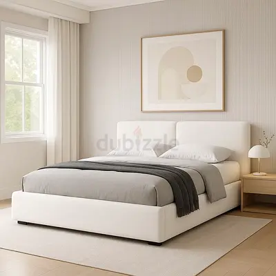 Modern upholstered double bed with headboard - cream
