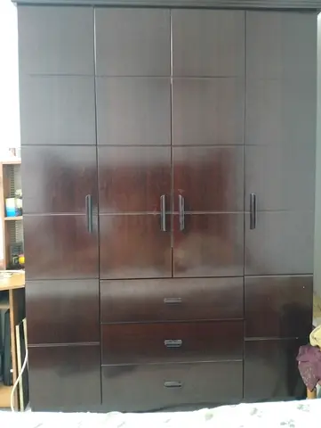 Large Dark Wood 4-Door Wardrobe with Drawers - Good Condition