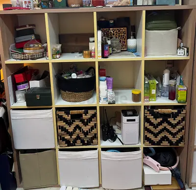 Wooden 16-Cube Storage Shelf Unit with Fabric Bins - Good Condition