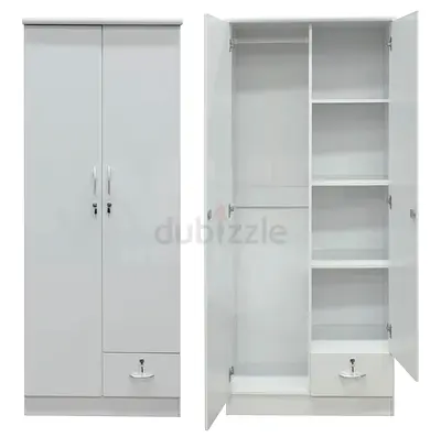 White 2-Door Wardrobe with Shelves and Drawer - Good Condition