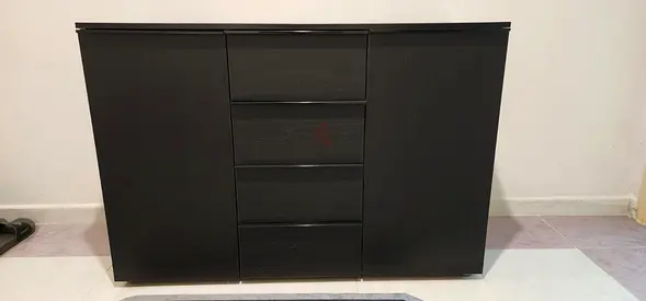 Dark Wood Sideboard Cabinet with 4 Drawers and Double Doors - Good Condition