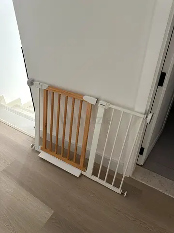 Wood and white metal baby safety gate - pressure fit, good condition