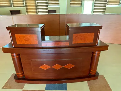 Solid Wood Reception Desk / Counter - Dark Brown with Inlay Details