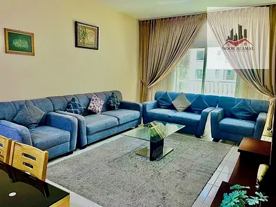 Sharjah, Al Taawun area, first occupancy apartment, one bedroom, living room, kitchen, two bathrooms, and balcony.