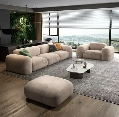 Modern Curved Beige Sofa Set with Ottoman - 3-Seater + Armchair