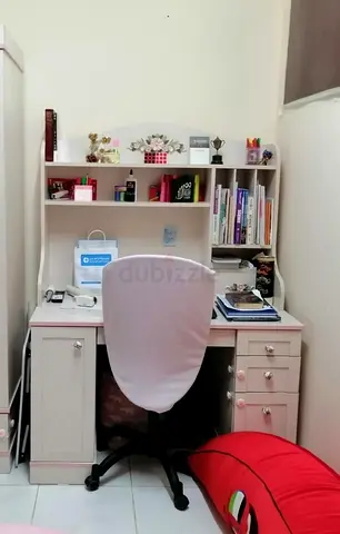 White Wooden Study Desk with Hutch and Drawers. Good Condition. (without chair)