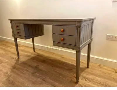 Vintage bourbon desk table ,grey with copper knobes for sale