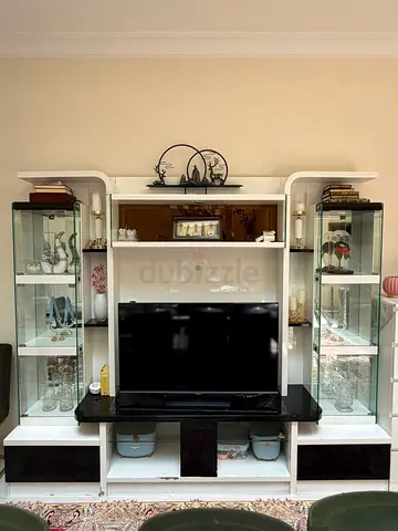 Modern TV Unit with Glass Display Cabinets – White  Black