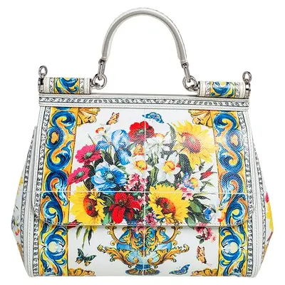 Authentic Dolce  Gabbana White/Multicolor Floral Print Leather Medium Miss Sicily Top Handle Bag