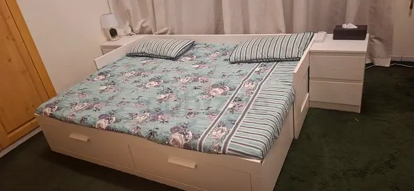 White Double Bed Frame with Storage Drawers and Matching Nightstand without mattress