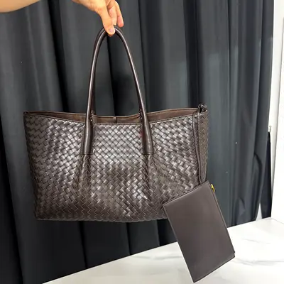 Dark Brown Bottega Veneta Woven Leather Tote Bag with Pouch