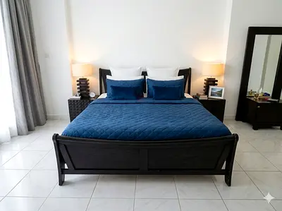 Solid dark wood queen bed frame with headboard and footboard with Mattress