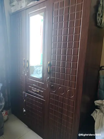 Wooden 3-Door Wardrobe with Mirror — Good Condition