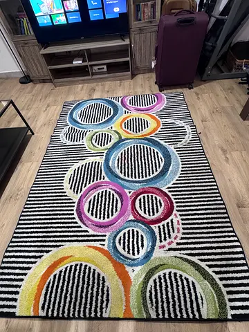 Modern striped runner rug with colorful concentric circle pattern