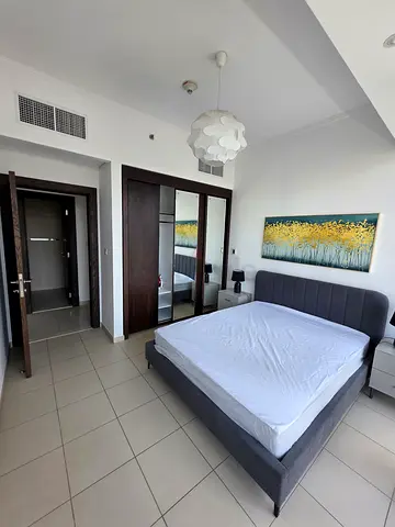 Modern Grey Upholstered Queen Bed with Mattress - Good Condition