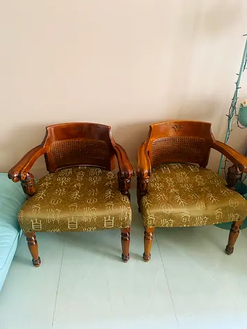 Pair of Vintage Wooden Armchairs with Upholstered Seats