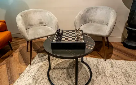 Pair of Grey Velvet Accent Chairs with Small Round Side Table