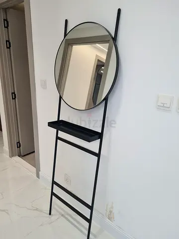 Alberta Entryway Black Tall Floor Mirror with Slim Frame and Small Shelf