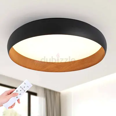 Modern Round LED Ceiling Light with Wood Trim and Remote