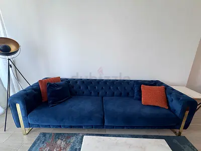 Blue Velvet 3-Seater Chesterfield Sofa with Gold Legs