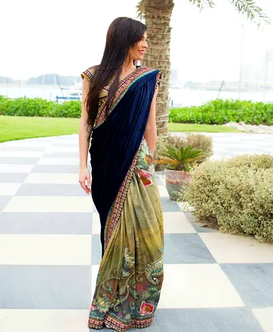 Elegant Navy Velvet and Printed Indian Saree - Ready to Wear