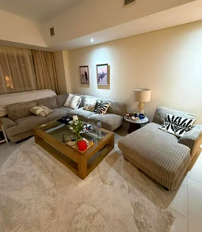 Beige Corduroy L-Shaped Sofa with Chaise and Coffee Table - Used