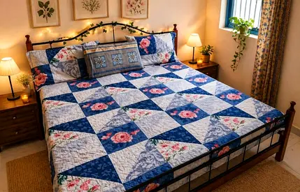 Queen-size floral patchwork quilt set with pillow shams - gently used