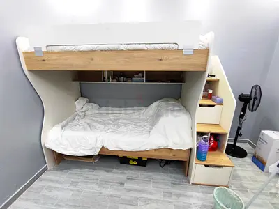 Wood and White Bunk Bed with Built-in Shelves and Stairs - Good Condition.