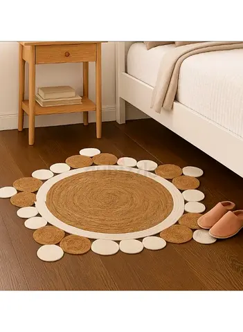 Handmade Round Jute  Cotton Accent Rug — Natural Beige, 80cm