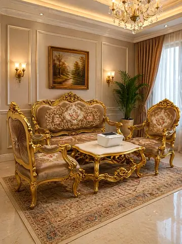 Ornate Gold Carved Sofa Set with Marble Coffee Table