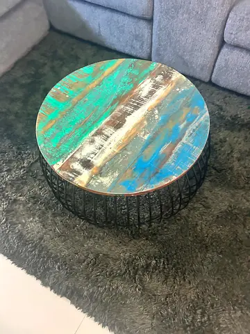 Round Rustic Wooden Top Coffee Table with Metal Base